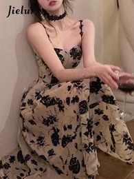 Dress Jielur Summer Floral Strap Midi Dress Women Sleeveless Elegant Vintage Dress Evening Party One Piece Dress Korean Fashion