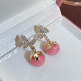 Stud Earrings 2023 Pink Resin Beads Drop Korean Elegant Crystal Zircon Butterfly For Women Jewellery