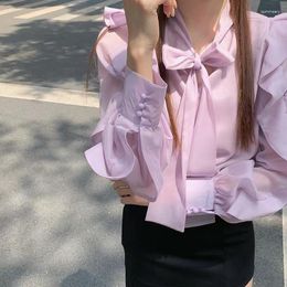 Women's Blouses DAYIFUN Chiffon Shirts Women's 2023 Spring Summer Fashion Ruffle Tops French Bow Tie Elegant Pink Aesthetic Female