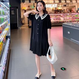 Dresses Pregnant Women Summer Dress Fashion Short Sleeve Lace Turndown Collar Preppystyle Black Maternity Dress Pregnancy Chiffon Dress