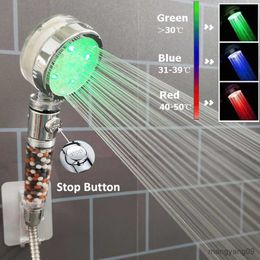 Bathroom Shower Heads Led Temperature Sensor Colourful Shower Head With Stop Button Negative Philtre High Pressure Showerhead Bathroom Accessories R230627