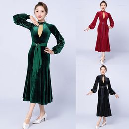 Stage Wear Multi Colours Ballroom Dance Dress Velvet Lantern Sleeve Tango Performance Costume Adult Waltz Dancing Competition YS4635