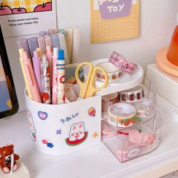 Pencil Cases Kawaii INS Drawer Desktop Organiser Double Layer Multifunctional Pen Holder Makeup Storage Box Office Desk Stationery Holders 230627