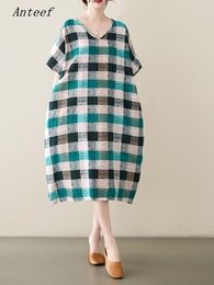 Party Dresses Short Sleeve Oversized Cotton Linen Vintage Plaid For Women Casual Loose Long Summer Dress Elegant Clothing 2023