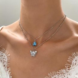 Chains Double Layer Necklace For Women Butterfly Gem Pendant Necklaces Woman High Quality Trend Silver Color Korean Fashion Lovers Gift