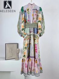 Casual Dresses AELESEEN Women's Spring Summer Dress Runway Fashion Lantern Sleeve Turtleneck Single Breasted Flower Printed Maxi Party 23425