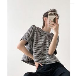 Women's T Shirts Black And White Plaid Short Sleeve T-shirt Women's 2023 Summer Design Sense Loose Top