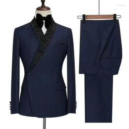 Men's Suits Men's Design Navy Blue Double Breasted Men Slim Fit Costume Homme Wedding Tuxedos 2 Pieces Groom Party Prom Man Blazer