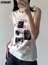 Women's T-Shirt KOSAHIKI Vintage Letter Print T-shirts Female Aesthetic Grunge Y2K Clothes Sleeveless Slim Sexy Tank Tops Casual Summer Tees J230627