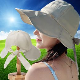 2023 Wide Brimmed Fisherman Hat Bowknot Tie Hollow Ponytail Outdoors Fishing Women Sunscreen Sun Hats Golf Summer Sunshade Cap