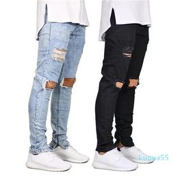 2023-Men's Jeans 2 Colours Mens Casual Knee Hole Zipper Design Elastic Waist Pencil Slim Fit Fashionable Urban Wind Style Cool Pants