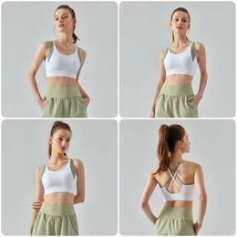 LL Designer Tank Top Crop Top Summer Color-block Sports Bra No Traces Back Buckle Yoga Breathable Chest Pad Fiess Vest High-strength Gym Bra