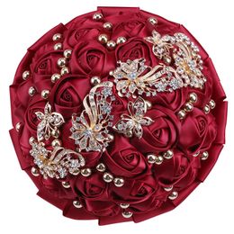 Decorative Flowers Wreaths Bride and Bridesmaid Bouquets Wine Red Rhinestones Gold Pearl Ribbon Rose Bouquet Wedding Supplies W306 230626