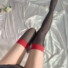 Women Socks Sexy Erotic Club Shiny Thigh High Stockings Transparent Flashing Over Knee Long Black Red Wide Edge Silk