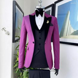 Men's Suits Men's Men's Suit 3 Pieces Purple Blazer Vest Pants One Button Black Velvet Peaked Lapel Business Wedding Groom Tailored