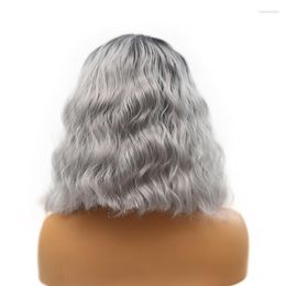 Synthetic Wigs RONGDUOYI Ombre Silver Grey Human Hair Lace Front Wig For Women Loose Wave Short Heat Natural Hairline