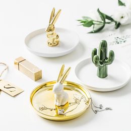 Decorative Objects Figurines Rabbit Earring Storage Tray Jewelry Display Stand Storage Tray Ceramic Ring Necklace Perfect Gift For Friend Colleague 230626