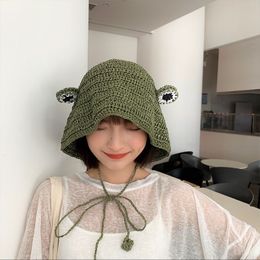 Japan Kawaii Monster Fisherman Hat Frogs Foldable Female Straw Weaving Bucket Hat Summer Sun Protection Fashion Women Beach Cap