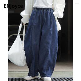 Women's Jeans Spring Women Retro Japanese Style Dark Blue Full Cotton Curved Casual Loose Elastic Waist Wide Legs Trousers Denim Pants