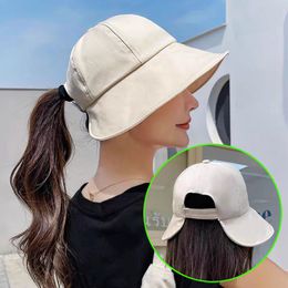 Women Summer Sunhat Cotton Ponytail Bucket Hat Outdoor Beach Adjustable Sun Visor Hats Solid Color Foldable Panama Fisherman Cap