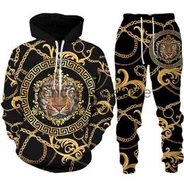 Men's Tracksuits Golden Lion 3D Printed HoodiePantsSuit Men's Casual Graphic Streetwear Pullover Sweatshirt Outfits Set Hip Hop Cool Tracksuits x0627