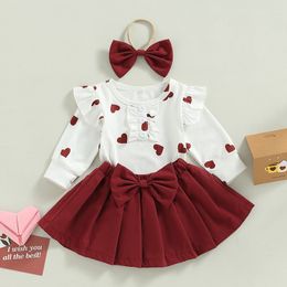 Clothing Sets FOCUSNORM 3pcs Valentines Days Baby Girls Clothes 0 18M Heart Printed Ruffles Long Sleeve Ribbed Romper Bow Skirts Headband 230626