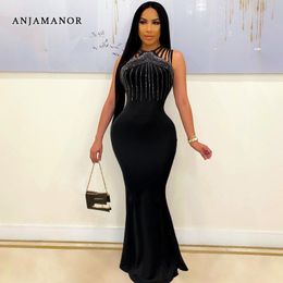 Fur Anjamanor Elegant Sexy Evening Dresses for Women Party Classy Night Club Sparkle Rhinestone Black Bodycon Maxi Dress D35di30