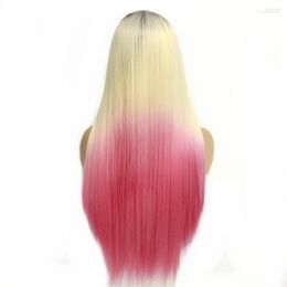 Perucas sintéticas ombre loiro rosa para mulheres longa reta frente de renda com raízes pretas fibra de cabelo resistente ao calor peruca de cosplay