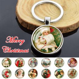 Keychains Cute Children Pendant Key Ring Double Sided Glass Convex Round Gem Christmas Fairy Tale Angel Keyring Xmas Jewellery Gifts