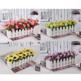 Decorative Flowers 1 Set 30cm Wooden Fence Vase Eugene Flower Rose And Daisy Artificial Silk For Home Desk Decoration