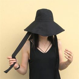 Summer Spring Japan Tie Bucket Hat Women Korean Big Brim Fisherman Hat Foldable Sunscreen Chic Cotton Linen Beach Sun Hat