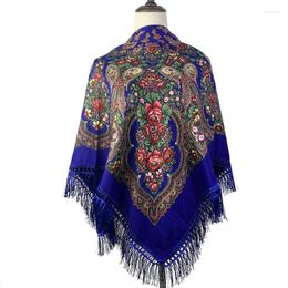 Scarves 120 120cm Russian Scarf Women Floral Print Square Bandana Ethnic Fringed Shawl Blanket Handkerchief Babushka Hijab Head Wraps