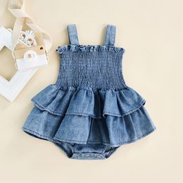 Rompers Lovely Baby Summer Denim Casual Rompers Toddler born Baby Girls Sleeveless Strap Elastic Layered Romper Jumpsuits Dress 230626