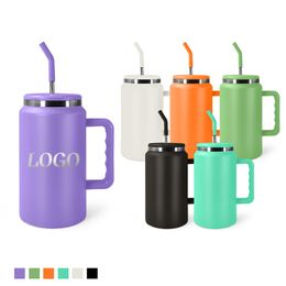50oz Mug Tumbler with Handle Powder Coated Travel Coffee Mug with Straw Double Wall Stainless Steel Water Cup Bottle Large Insulated Tumbler Customise