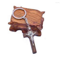 Keychains Catholic Wooden Cross St. Benedict Holder Crucifix Pendant Keyrings For Bags Keys Vintage Religion Jewellery Wholesale