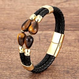 Charm Bracelets Natural Tiger Eye Bracelet Men Multilayer Black Leather Stainless Steel Magnetic Buckle Round Stone Beads Jewellery