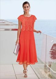 Mother of Simple the Bride Dresses Lace Chiffon Tea Length A Line Beach Wedding Guest Dress Crew Neck Short Sleeve Groom Mothers Prom Party Gowns Plus Size s