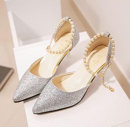 Dress Shoes Fashion Pointed Toe Wedding Bride High Heels Female Low Small Heel Sandals Party Gold Silver Women Pumps