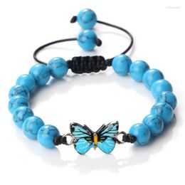 Strand Fashion Women Beaded Bracelet 8mm Natural Agates Lava Stone Bangles Blue Butterfly Pendant Charm Braided Bracelets Yoga Jewelry