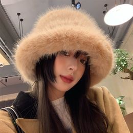 New in Winter Faux Fur Hat Women's Plush Thickened Outdoor Warm Casual Fashion Cute Soft Furry Panama Bucket Fisherman Caps