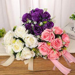 Decorative Flowers Bridal Hand Bouquet Artificial Roses Flower Crystal W/Silk Bridesmaid Gifts For Wedding Party Decoration Home Decor