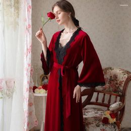 Women's Sleepwear Women's Red Sexy Night Dress And Robe Sets Women Two Piece Nightdress Romantic Velvet Robes Autumn Winter Peignoirs