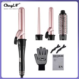 4 in 1 Ceramic Hair Curler Curling Iron Wand Roller Set Interchangeable Barrels Curls Wave + Heat Resistant Glove Styling Tool L230520