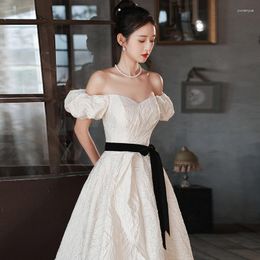 Ethnic Clothing Sexy White Satin Square Neck Evening Dress Women French Short Sleeve Long A-line Party Gown