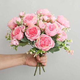 Dried Flowers 30cm Rose Pink Silk Peony Artificial Bouquet Big Head and 4 Cheap Fake for Home Wedding Decoration indoor