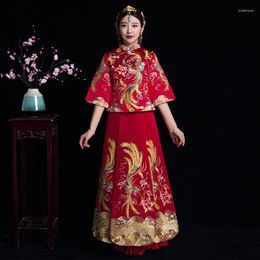 Ethnic Clothing Wedding Dress Retro Standing Collar Three Quarter Sleeve Qipao Chinese Traditional Tang Suit Xiuhe Women's Engagement