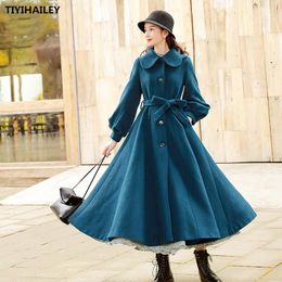 Blends Free Shipping Boshow Long Midcalf Winter Vintage Trench Women Outerwear Sl Lantern Sleeve Turn Down Collar Wool Green Belt