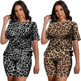 Women's Tracksuits Trend 3D Leopard Print Two Piece Set Summer Women Outfits Vintage Short Sleeve T-Shirts And Shorts Casual Ladies