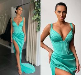 Sexy Plus Size Simple Mermaid Prom Dresses Long for Women Spaghetti Straps Satin High Side Split Formal Occasion Wear Celebrity Birthday Pageant Evening Gowns