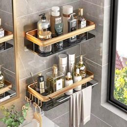 Organisation No Drill Bathroom Shees Aluminium Bathroom Corner Shelf Shower Shampoo Shelf with Towel Holder for Bathroom Accessories